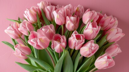Fototapeta premium Pink Tulips Bouquet on Pink Background Springtime Floral Arrangement