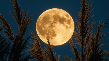 Fototapeta premium Full moon behind tall grasses at night