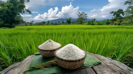 Two Bowls with White and Brown Rice in a Green Field