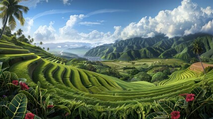 Scenic Rice Terraces Landscape in Valley with Lush Greenery and Mountains