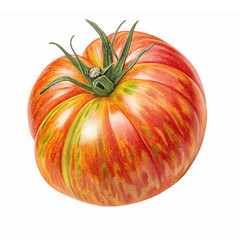 Realistic Red and Yellow Heirloom Tomato with Detailed Texture and Leaves on Transparent Background