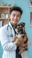 Smiling asian veterinarian doctor dressed in white medical clothing is holding in his arms cute german shepherd dog puppy. Veterinary clinic concept.