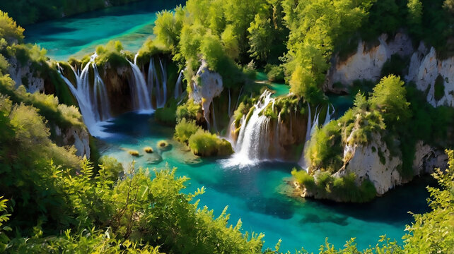 A stunning waterfall cascading down rugged mountain cliffs surrounded by lush greenery and untouched wilderness. Crystal-clear water flows through the rocky terrain, creating a dynamic and refreshing 