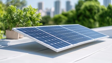 A solar panel installed on a rooftop with lush green plants in the background, clear sunny day with cityscape in distance, and sustainable energy concept.