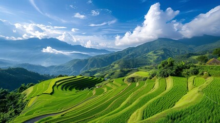 Obraz premium Vibrant Rice Terraces in Lush Green Mountain Valley on a Sunny Day