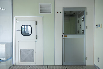 Clean room entry area with airlock doors