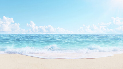 Fototapeta premium serene beach scene featuring gentle waves lapping shore clear blue sky with fluffy clouds. tranquil atmosphere evokes relaxation and peace
