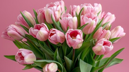 Obraz premium Bunch of Pink Tulips Blooming with Green Leaves on Pink Background