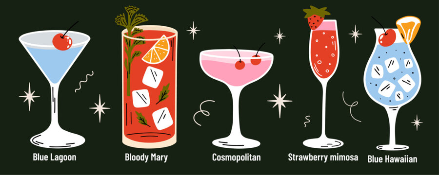 Classical alcohol cocktails vector illustrations set cartoon retro groovy funky style. Collection of various summer fancy party drinks in different shapes glasses. Cosmopolitan, Mimosa, Bloody Mary