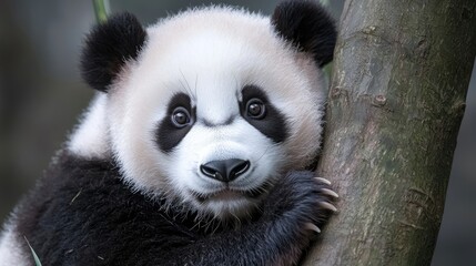 Fototapeta premium Cute panda cub resting on a tree trunk