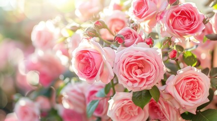 Blooming Pink Roses Sunlight Shines Through Garden Floral Arrangement
