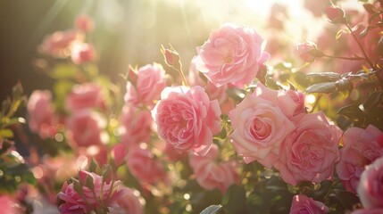 Blooming Pink Roses in Golden Sunlight Garden Scene for Floral Design
