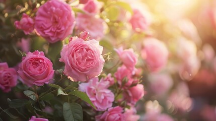 Blooming Pink Roses Illuminated by Golden Sunlight in a Garden Setting