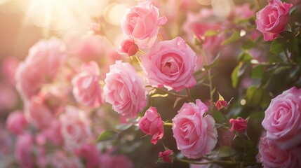 Obraz premium Blooming Pink Roses in Garden with Warm Light for Floral Designs