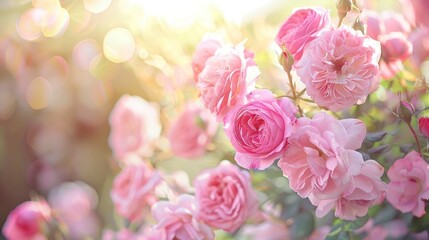 Obraz premium Blooming Pink Roses in Sunlight Romantic Floral Garden Scene