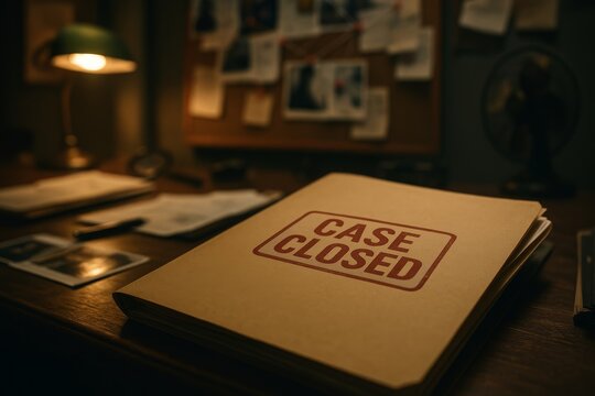 Closed Case File Rests on a Desk in a Dimly Lit Detective Office Filled With Notes