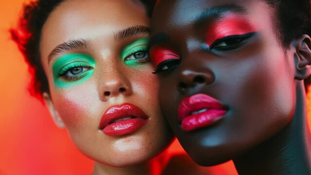Diverse two models women showcasing colorful makeup against vibrant background  
