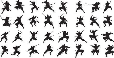 Collection of ninja warrior silhouettes with different fighting styles. samurai japanese vector illustration