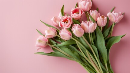 Obraz premium Pink Tulips Bouquet on Pink Background - Springtime Floral Still Life