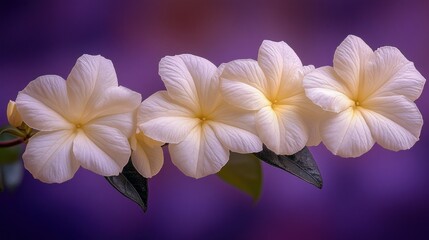 Fototapeta premium Close-up of four delicate, pale yellow flowers in a row against a blurred purple background