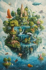 Fototapeta premium Floating island with trees buildings and waterfalls in a cloudy