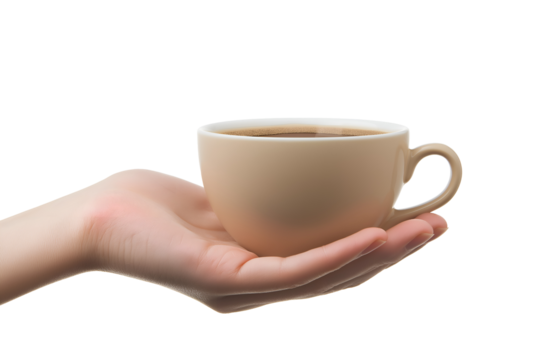 A hand holding a steaming cup of coffee isolated on a white background