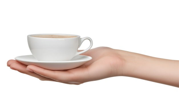 A hand holding a steaming cup of coffee isolated on a white background