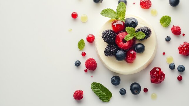 A creamy cheesecake topped with fresh berries and mint. Featuring indulgence and elegance