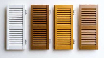 Stylish window shutters in various colors, including white, brown, and tan, showcasing modern design and functionality