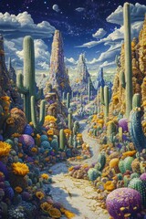 Fototapeta premium Colorful fantasy city landscape with winding path under a starry