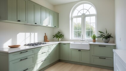 Fototapeta premium Modern Light Green Kitchen with White Countertops and Large Window