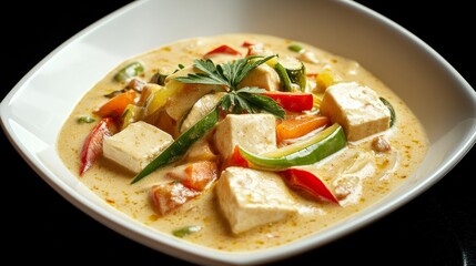 A creamy coconut curry with tofu and vegetables. Featuring bold flavors and richness