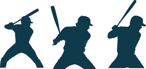 Vector collection of baseball player silhouettes in various styles. Suitable for sports elements, matches and sports history.