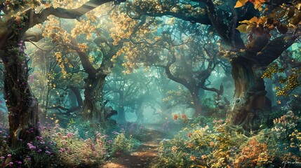 Enchanting fairytale forest with towering trees, lush vegetation, and magical ambiance, digital painting background
