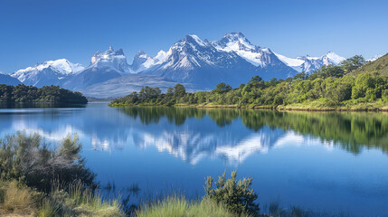 A panoramic view of snow capped mountain reflecting into the lake