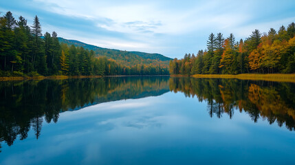 A serene calm lake reflecting the surrounding forest