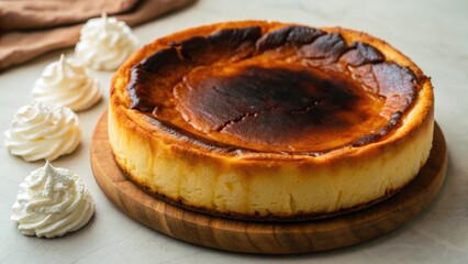 A deliciously baked cheesecake with a caramelized top, displayed on a wooden board, accompanied by decorative whipped cream.