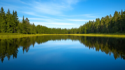 Fototapeta premium A serene calm lake reflecting the surrounding forest