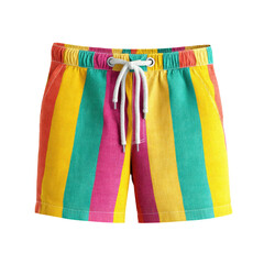 Colorful striped swim trunks with drawstring. Summer fashion apparel for swimming and beach activities.
