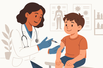 Pediatric Vaccination Illustration Featuring Smiling Child and Healthcare Professional in Medical Office Setting