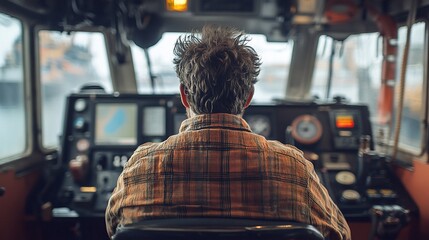 A focused skipper navigates a boat from the wheelhouse, showing a calm demeanor