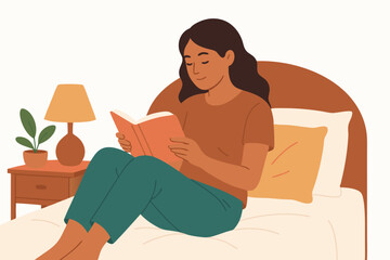 Cozy Bedroom Scene of a Woman Relaxing and Reading a Book on Bed with Warm Decor and Indoor Plants