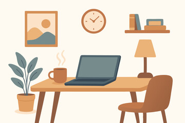 Minimalist Home Office with Laptop, Coffee Mug, Indoor Plant, and Warm Lighting for Productivity and Comfort