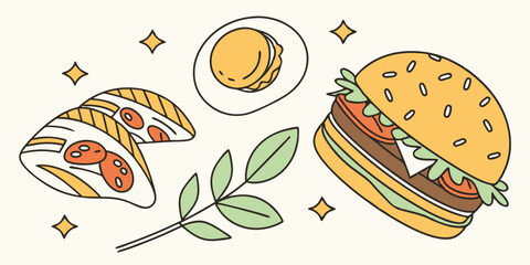 Delicious Vector Food Illustration: Burger, Sushi, and Macaron Design for Stock