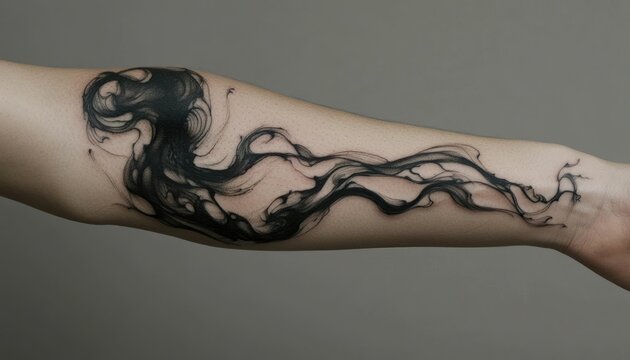 Elegant abstract black ink tattoo design flowing gracefully along a forearm