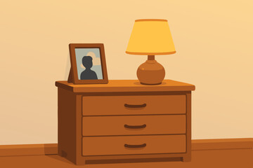 Cozy Wooden Nightstand with Warm Table Lamp and Picture Frame in Minimalist Bedroom Interior, Nostalgic Home Decor Design with Warm Amber Lighting, Vintage Style Furniture Illustration