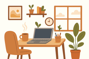 Cozy Home Office Setup: Modern Laptop Workspace with Plants, Coffee, and Window View | Remote Work Interior Design Vector Illustration for Productivity