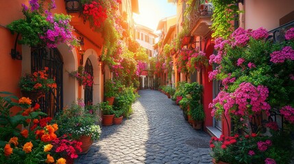 Fototapeta premium Colorful European alleyway overflowing with vibrant flowers