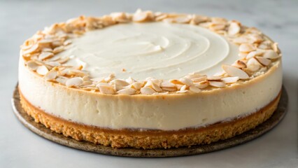 A creamy cheesecake topped with sliced almonds, featuring a golden-brown crust and a smooth, white surface, perfect for dessert lovers.