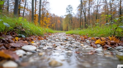 A shallow stream flows through a forest path, its bed composed of smooth stones and fallen autumn leaves. Lush green grass lines the streams edges. The background features a blurred autumnal forest